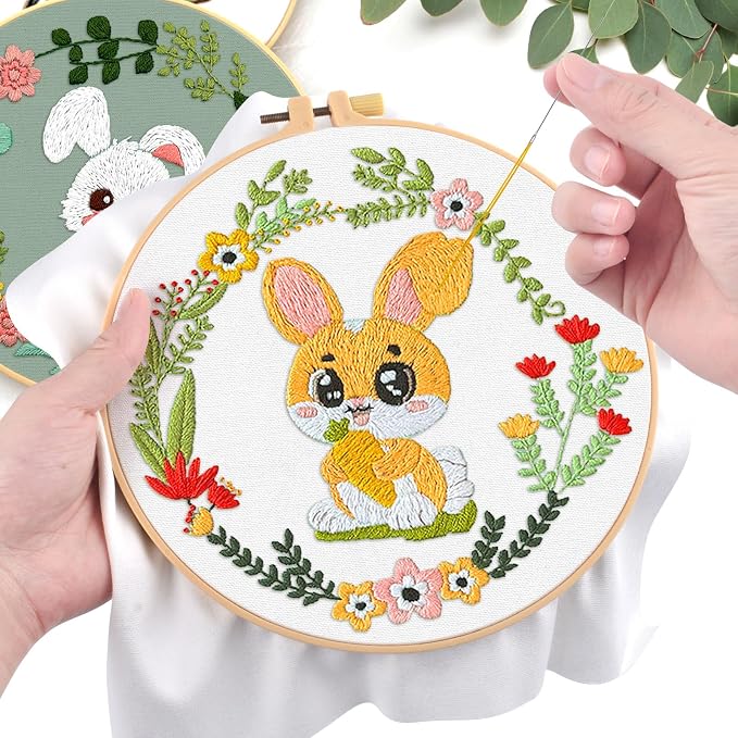 ERKOON 4 Sets Embroidery Kit, Animal Cross Stitch Set for Include Embroidery Cloth Hoops Threads for Craft Lover Hand Stitch (Rabbit)