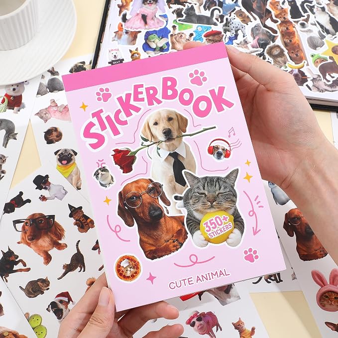 350+ Funny Dog Cat Stickers, Cute Animal Sticker Book for Water Bottles Journaling Laptop Scrapbook Guitar Suitcase Phone Snowboard Planner, Waterproof Vinyl Gifts for Women Men Girl Kids Adult Teens