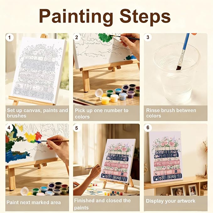 Gemozaic Book Framed Paint by Numbers Kit for Adults with Easel, 8x12 in | Floral Books Paint by Number for Adults, Small DIY Acrylic Pink Numbers Painting on Framed Canvas for Home, Wall Decor, Gift