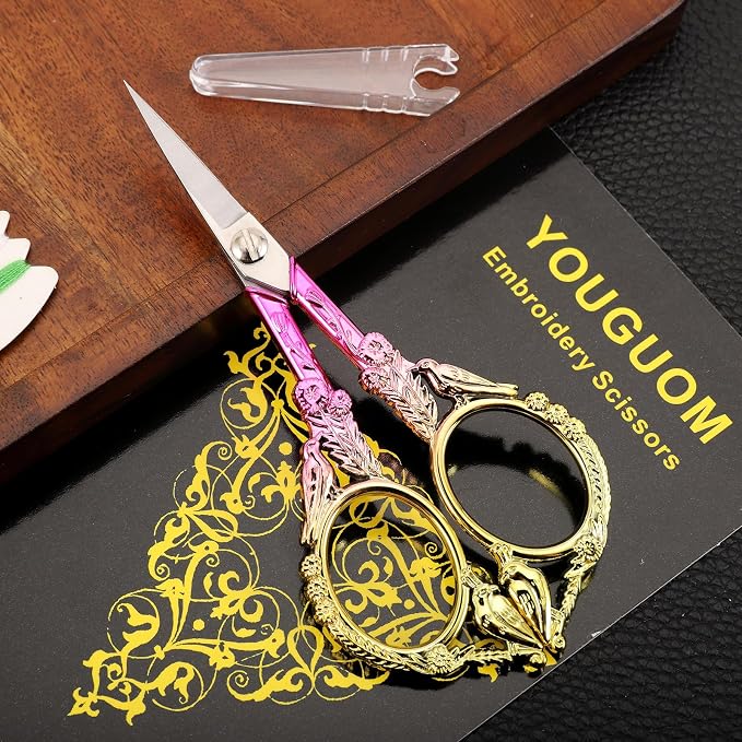 YOUGUOM Sewing Embroidery Scissors, Small Precision Shears | 4.6in, Pink, Sharp Tip for Craft, Needlework, Cross Stitch, Yarn, Paper, Thread Cutting, Cute Bird DIY Kit, with Cover