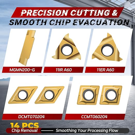 Indexable Lathe Turning Tool 21Pcs Kit 3/8'' 10mm Shank 7Pcs Metal Lathe Tools Holder Set with 14Pcs Turning Inserts for Turning Grooving Threading Boring Carbide Inserts Carbide Turning Tool