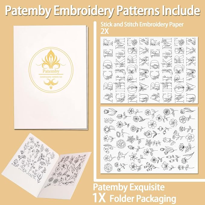 Patemby Embroidery Pattern Water Soluble Embroidery Stabilizers, Stick and Stitch Embroidery Paper Wash Away with Pre-Printed Pattern Designs Stencils Transfers for Hand Sewing Lover Beginner