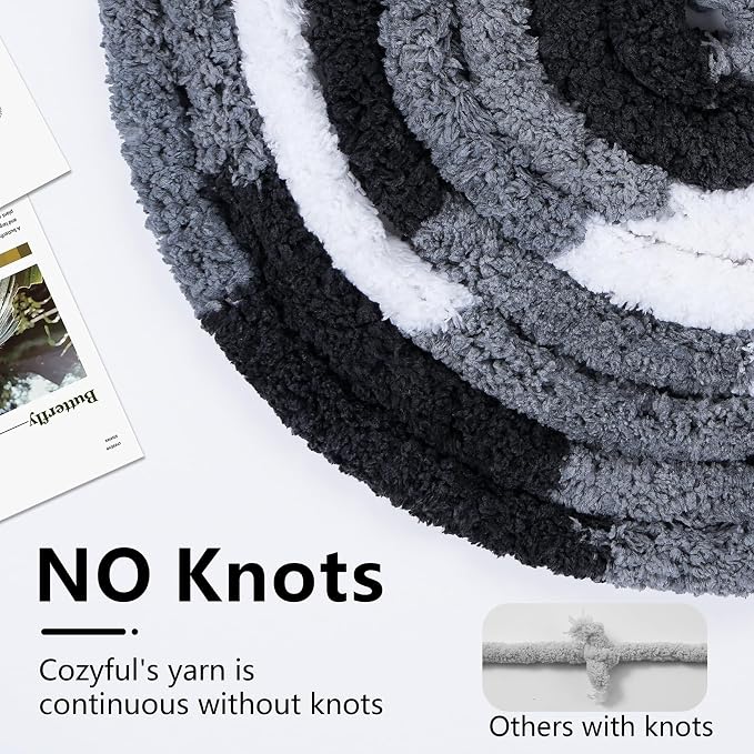 Cozyful Chunky Yarn for Hand Knitting - #10 Chunky Chenille Blanket Yarn, Jumbo Big Thick Chunky Yarns for Crocheting, Tie Dye Bulky Knit Yarns, 8 Skein (20 yds 8 oz Each Skein), Black & Grey & White