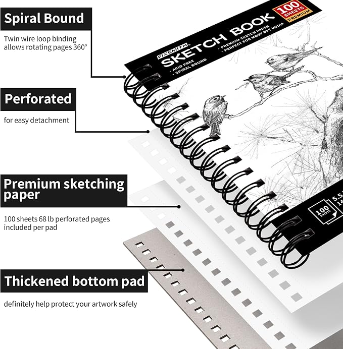 FIXSMITH 5.5"X8.5" Sketch Book, 400 Sheets (68 lb/100gsm) Sketchbook | Acid Free Drawing Paper | Spiral Bound Artist Sketch Pad | for Kids, Beginners, Artists & Professionals | Bright White