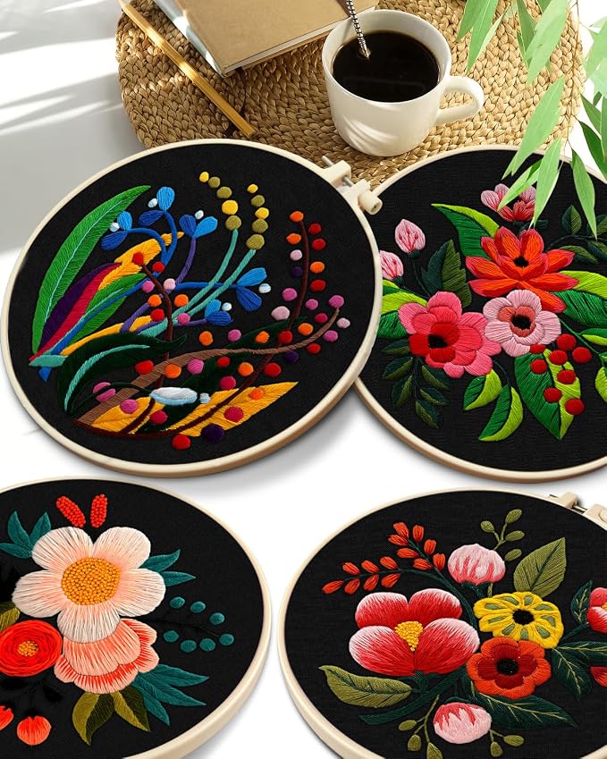 TINDTOP 4 Pack Embroidery Kit for Adult, Embroidery DIY Starter Kit, with Stamped Patterns, Hoop, Tools, Colorful Threads with Needles, Instructions