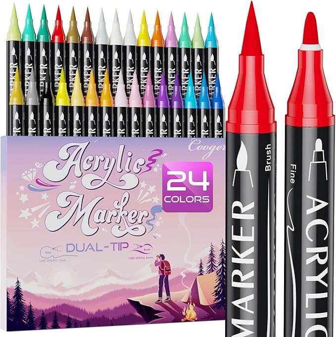 24 Colors Dual Tip Acrylic Paint Markers,Fine Tip and Brush Tip Permanent Acrylic Paint Pens For Rock Painting, Canvas, Wood, Glass, Ceramic, Fabric, Plastic, Egg, Scrapbook,Art Painting Supplies Kit