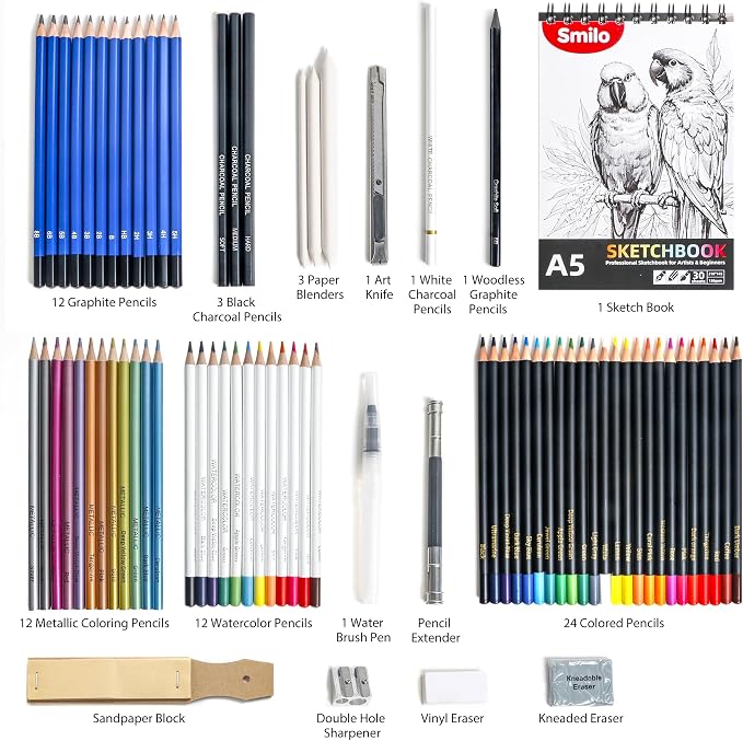 Smilo 76-Piece Art Supplies Sketching Kit with Sketchbook and Travel Case