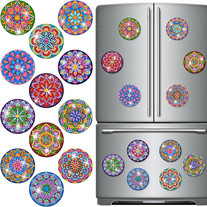 Zonon 12 Pcs Diamond Art Magnets Kits, Neon Mandala Fridge Magnets Boho | Diamond Painting Stickers for Adults DIY Home Decor, Psychedelic Boho Style, Vibrant Mandala, Refrigerator Decorations Kit