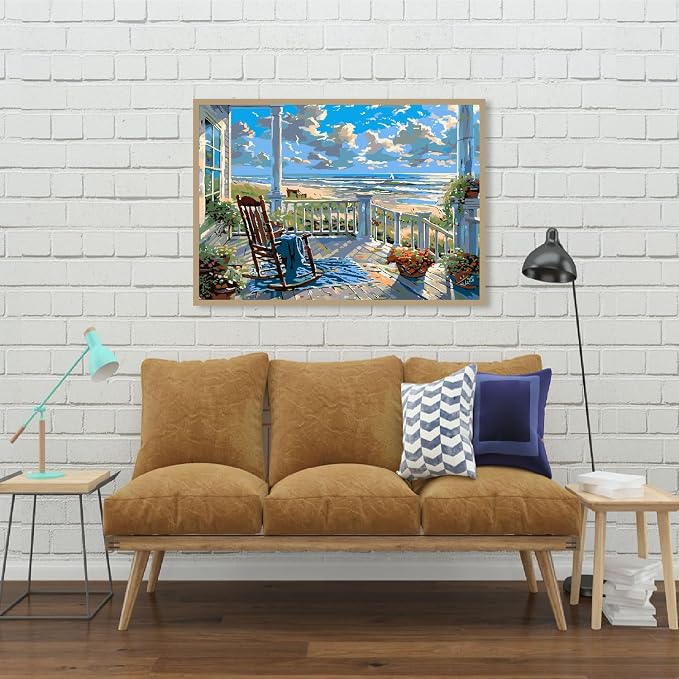 Clendo Landscape Paint by Numbers for Adults with Easel, Beach Adult Paint by Number Kits on Canvas, Framed DIY Color Oil Painting Acrylic Paints,Home Wall Decor 12x16inch