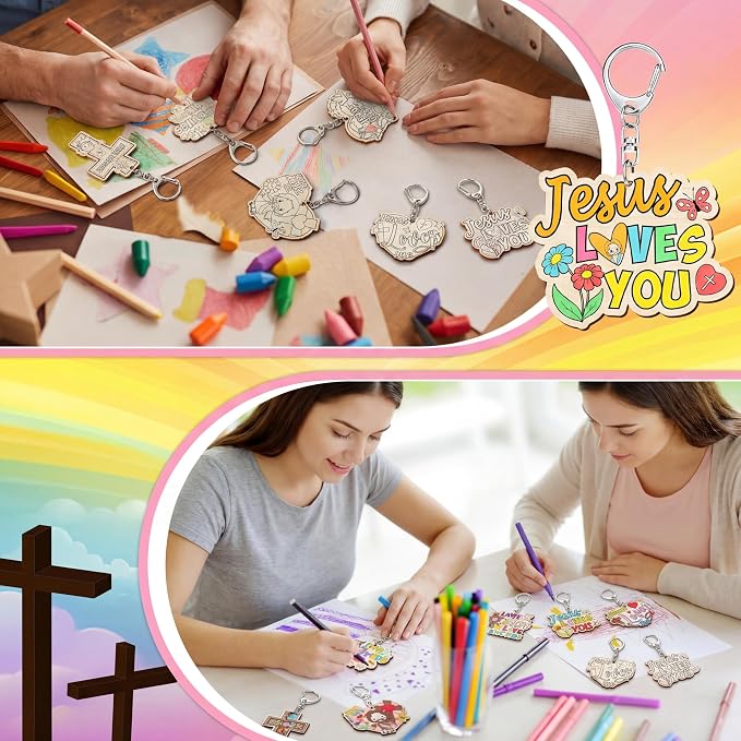 Trnayi 36 Pcs Wood Jesus Loves Me Keychain Color Your Own DIY Craft | Jesus Loves Me Wooden Keychain, Color Your Own Unfinished Craft, Blank Wood Painting DIY Craft, for Religious Art Project