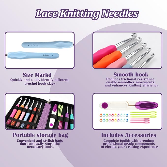 Yarniss 20 Sizes Ergonomic Crochet Hooks Set for Beginner 0.5mm-10mm | Soft Grip Crochet Hooks Set with Portable Bag,Purple