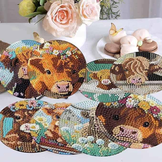 mrpwnle 8 Pcs Diamond Art Coasters Kits, Cow Diamond Painting Coasters Kits