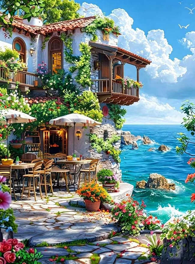 YUXUANKANG Diamond Painting Kit, Coastal Cliffside Cafe Scene, Colorful Floral Ocean View, DIY Art Craft 12X16inch