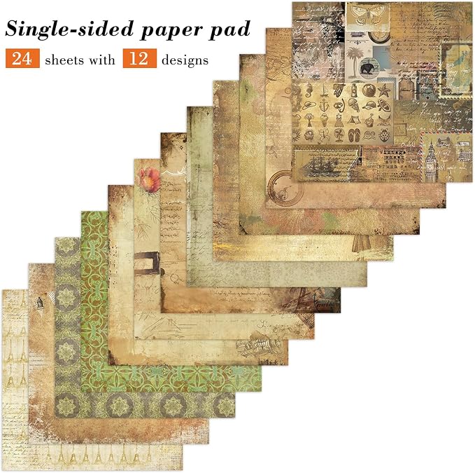 Vintage Aesthetics Scrapbooking Paper Pad - 24 Sheets 6'' x 6'' Patterns Designed Old Memories Material for Junk Journals Decoupage Diary Supplies DIY Crafts Gift Folded Wrapping