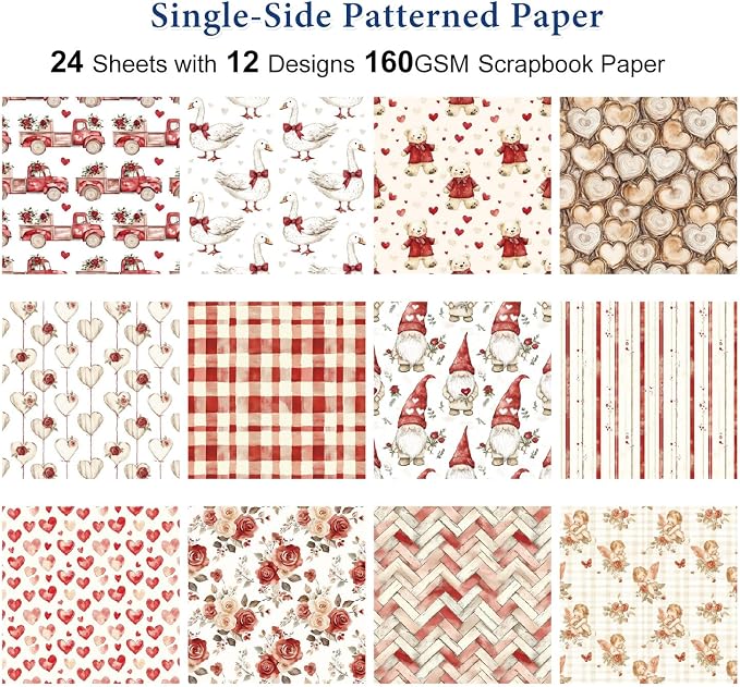 Valentine Scrapbook Paper 6×6, 24 Sheets Scrapbooking Supplies Kit, Single-Sided Patterned Cardstock Supplies for Card Making, Designer Planner Journals