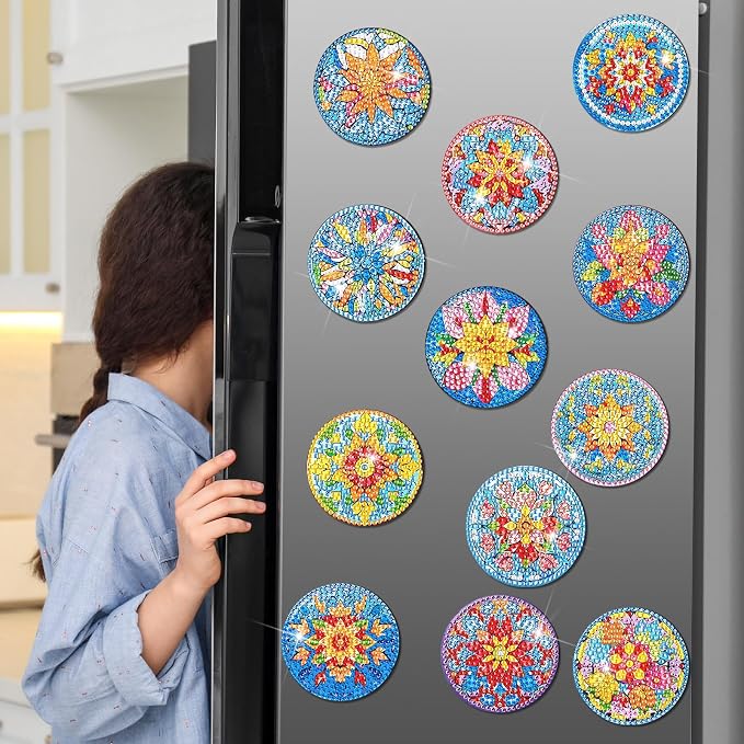 Zonon 12 Pcs Diamond Art Magnets Mandala Diamond Painting Kits Fridge | Multicolor Mandala Flowers, Painting Magnetic Stickers for Adults, Fridge Home Decor, Art Kit with Colorful Designs