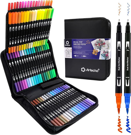 Artecho 72 Colors Dual Tip Markers for Adult Coloring Books with Bag | Drawing Pens For School, Fine and Brush Tip, Calligraphy, Drawing, Sketching
