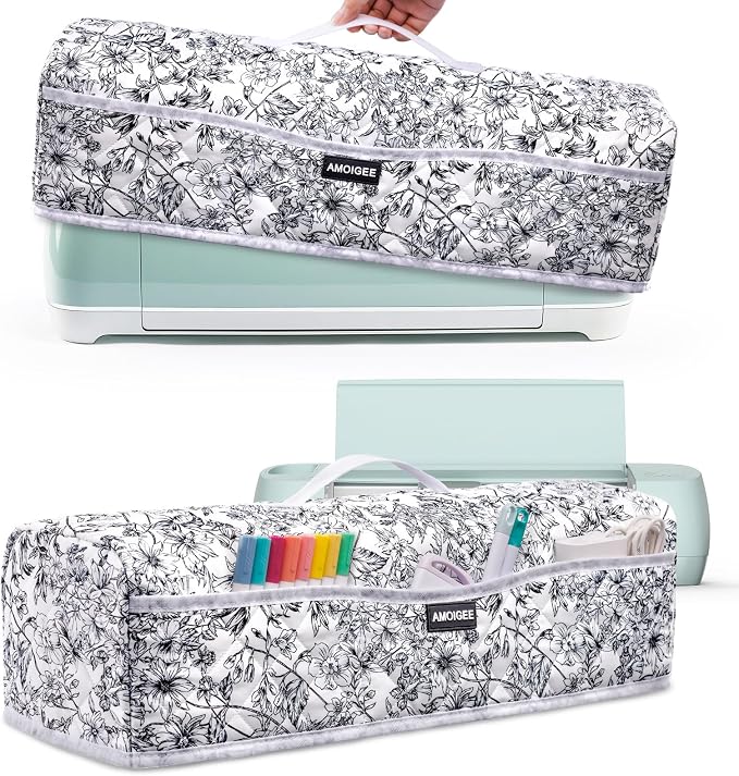 AMOIGEE Dust Cover for Cricuttt Maker 4 & Explore 4/3, Maker 3, Air 2, Quilted Protective Cover with Storage Pockets for Cutting Machine, Floral Fabric Anti-Dust Cover for Craft Machine Organizer