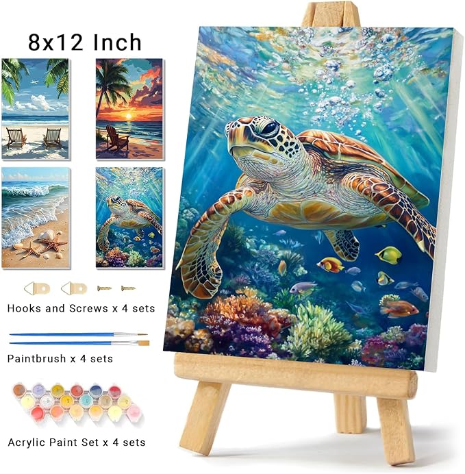 4 Pack Framed Paint By Numbers Kit for Adults Beginner Beach Adult Paint By Number Kits on Canvas Sea Turtle Painting By Numbers for Adults with Frame Diy Painting Kits for Home Wall Art 8x12 Inch