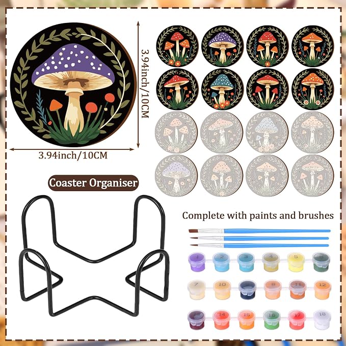 Reallnaive 8 Pcs Mushroom Paint by Numbers Kit for Adults Wooden Coasters | Mini Paint by Numbers, Tiny Black Round Oil Painting Drink Coaster with Holder, for Small DIY Craft Birthday Gift