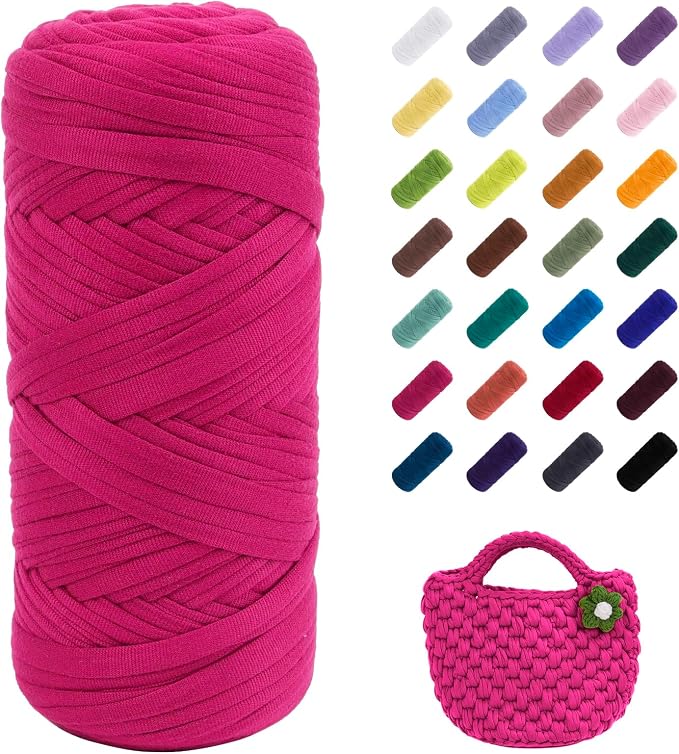 JeogYong T-Shirt Yarn, 200g/196ft Elastic Fabric Cloth Knitting T Shirt Yarn, Rose Red Thick Crochet Fabric Ribbon for Crocheting Bags/Baskets/Rugs, Home Decor, DIY Crafts