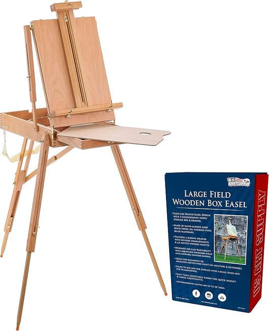 U.S. Art Supply Large Beechwood French Easel, Adjustable Plein Air Easels | Sketchbox Tripod for Field & Studio Painting Easel for Adults, Drawing, Display - Portable with Artist Drawer & Palette