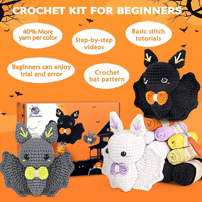 Crochet Kit for Beginners, Beginner Crochet Kit for Adults with Step-by-Step Video Tutorials, Halloween Gifts DIY Crochet Animal Kits Knitting Supplies, 3 Pack Bat (40%+ Yarn)