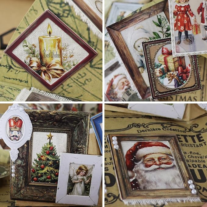 CATaireen Vintage Junk Journal Items Kit Pre Cut Paper Cards Cutout Cardstock Art Aesthetic Decor Hollow Out Craft Elements Small Embellishments Supplies for Adults Scrapbook Pack (Photo Frame Dark)