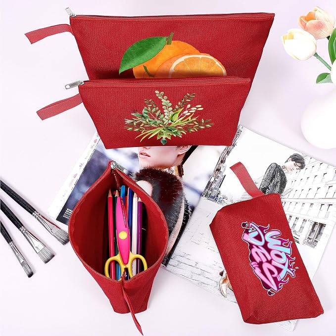 10 Pieces Cotton Canvas Makeup Bag with Bottom and Strap, Multi-Purpose Cosmetic Bag with Zipper Travel Toiletry Pouch, Blank DIY Craft Bag (Red, M)