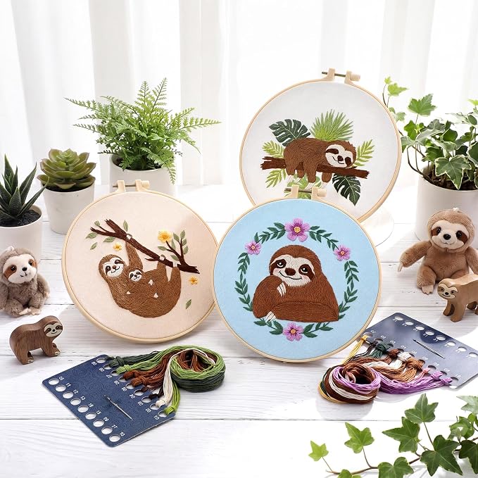 Mindsoft 3 Set Needlepoint Kit for Beginners with Hoop,Sloth | Bamboo Hoop Thread Needles Instructions, Easy Hand Embroidery for Beginners Home Crafts,Pre-stamped Funny Cute Designs