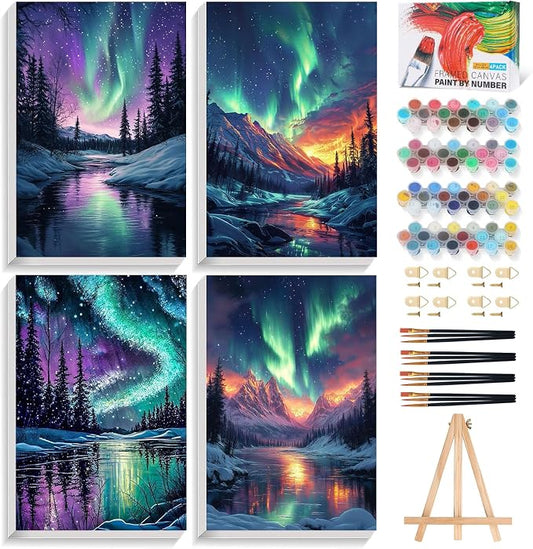 4 Pack Framed Paint by Numbers Kit for Adults Aurora with Wooden Easel | With Frame Canvas 8x12 IN, For Adults Beginner, DIY Acrylic Painting, Stress Relief Craft Kits, Home Wall Decor Gift