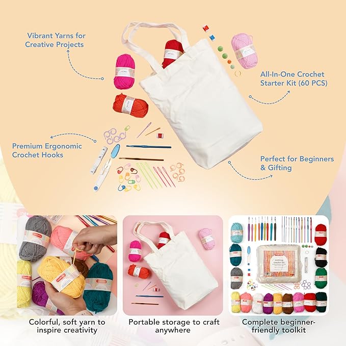 Incraftables Crochet Kit for Beginners – 85 Piece Beginner Crochet Kit for Adults & Kids with Yarn, Hooks, Accessories & Bonus Tote Bag Organizer – Learn to Crochet with Complete Starter Set