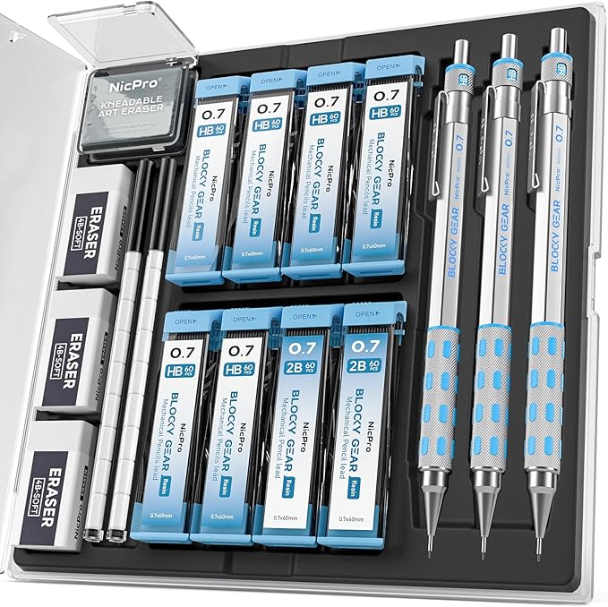 Nicpro Blocky Gear Mechanical Pencils 0.7 mm with Case, 3 Pack
