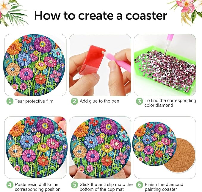 mrpwnle 8 Pcs Diamond Art Coasters Kits, Flowers Diamond Painting Coasters