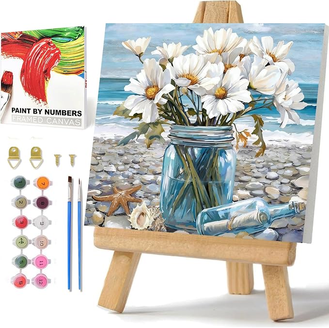Flowers Paint by Numbers Kit for Adults Beginner, Paint by Numbers 10x10 in | Daisy Framed Paint by Numbers with Easel, Acrylic Painting by Numbers, DIY Arts and Crafts for Gifts or Home Decor