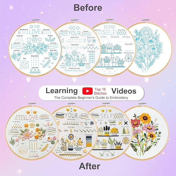Huacan Embroidery Kit for Beginners with Tutorial Video & Gift Box | DIY Pre-printed Stitch Practice Patterns, 7.9×7.9 inch Fabric, Complete Embroidery Supplies with Gift Box for Beginners