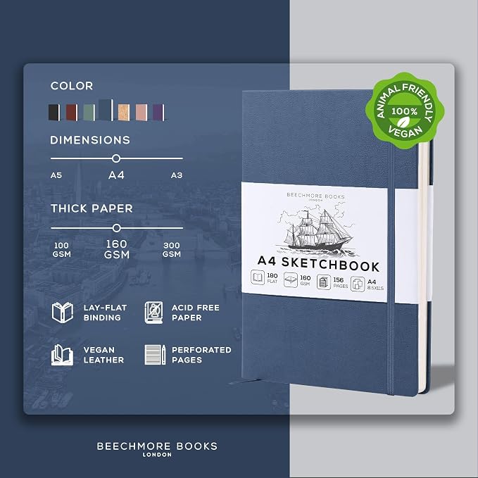Beechmore Books A4 8.5x11 Mixed Media Sketchbook 160 GSM/98LB with Gift Box | Hardcover Art Journal with Lay-Flat Binding, 156 Perforated Ivory Pages for Drawing, Ink & Light Watercolor