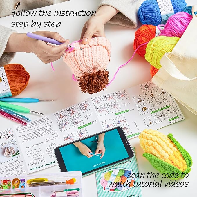 INSCRAFT Crochet Kit for Beginners Adults, 18 Large Acrylic Yarn Skeins 1800 Yards Yarn, 105 PCS Crochet Kit with Hooks Yarn Set,Includes Canvas Tote Bag, Ideal Starter Pack for Professionals