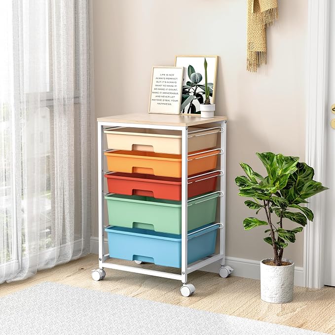 SYKIARIOL Utility Cart with Drawers,5 Drawers Storage Cart,Macaron | 5-Tiers Storage Cart with Drawers with Lockable Wheels for Craft Organizers and Storage,Home Office,Classroom,Dorm,Playroom