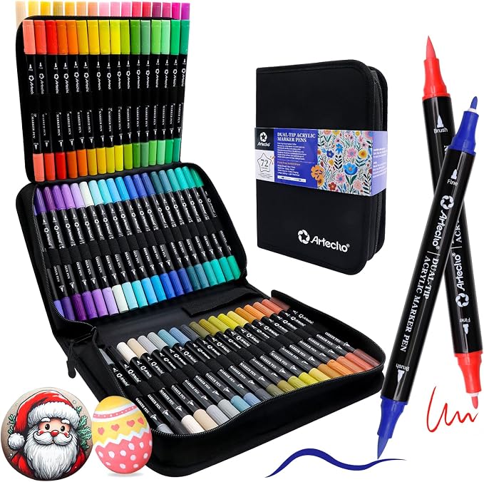 Artecho Acrylic Paint Markers 72 Colors with Bag（ Brush Tip and Fine Tip ） | Ideal for Rock Painting, Stone, Wood, Paper, Canvas, Ceramic, Glass, Fabric & DIY Crafts