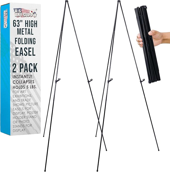 U.S. Art Supply 63" High Metal Folding Display Easel - Adjustable Height