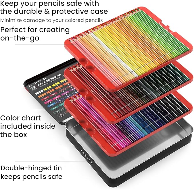 ARTEZA Colored Pencils Set of 72, Soft Wax-Based Colored Pencils for Adults and Artists, 4 mm Break-Resistant Core, Pre-Sharpened Drawing Pencils in Metal Tin for Blending, Shading, Sketching