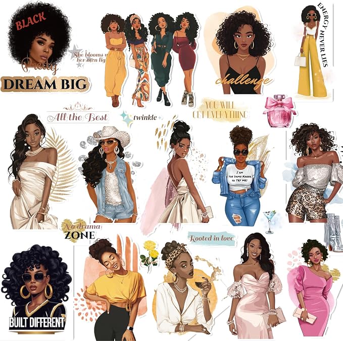 Black Girl Decal Sticker Book for Water Bottle: 260+ WaterProof Vinyl Motivational Stickers for Black Teen Girls & Women, 24 Pages for Journaling, Scrapbooking, Laptop, Self-Care & Inspirational Decor