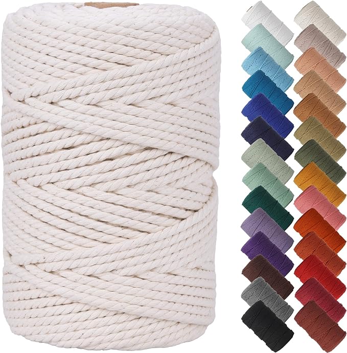 NOANTA Natural Macrame Cord 4mm x 109Yards, Beige Cotton Rope Macrame Yarn | Macrame Rope Supplies, 3 Strand Twisted Cotton Yarn String, Cotton Cord for Wall Hanging, Plant Hangers, Crafts, Knitting