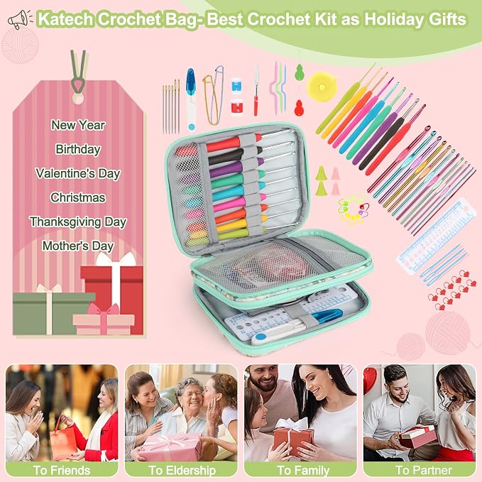 Katech 85 pcs Crochet Hooks Kit Knitting Accessories with Crochet Case, Small Sizes Crochet Hooks for Knitting Lace Yarn, Colorful Ergonomic Crochet Needles Set for Making Sweater, Bag and Hat (Green) | 85 Pcs Metal Crochet Hook Kit and Complete Croche...
