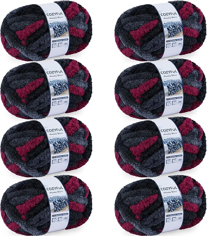 Cozyful Chunky Yarn for Hand Knitting - #10 Chunky Chenille Blanket Yarn, Jumbo Big Thick Chunky Yarns for Crocheting, Tie Dye Bulky Knit Yarns, 8 Skein (20 yds 8 oz Each Skein), Grey & Black & Red