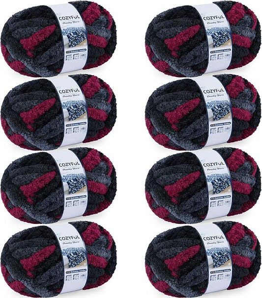 Cozyful Chunky Yarn for Hand Knitting - #10 Chunky Chenille Blanket Yarn, Jumbo Big Thick Chunky Yarns for Crocheting, Tie Dye Bulky Knit Yarns, 8 Skein (20 yds 8 oz Each Skein), Grey & Black & Red