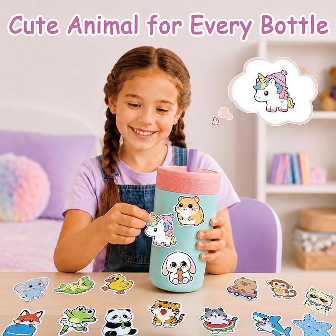 EOAOD 200 Pcs Cute Animal Water Bottle Stickers for Kids, Waterproof Vinyl | No Repeats, Perfect for Classroom Rewards, Party Favors, Goodie Bags, Scrapbooking, Crafts and Gifts for Boys and Girls