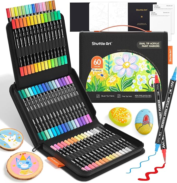 Shuttle Art 60 Colors Brush & Fine Tip Acrylic Paint Markers