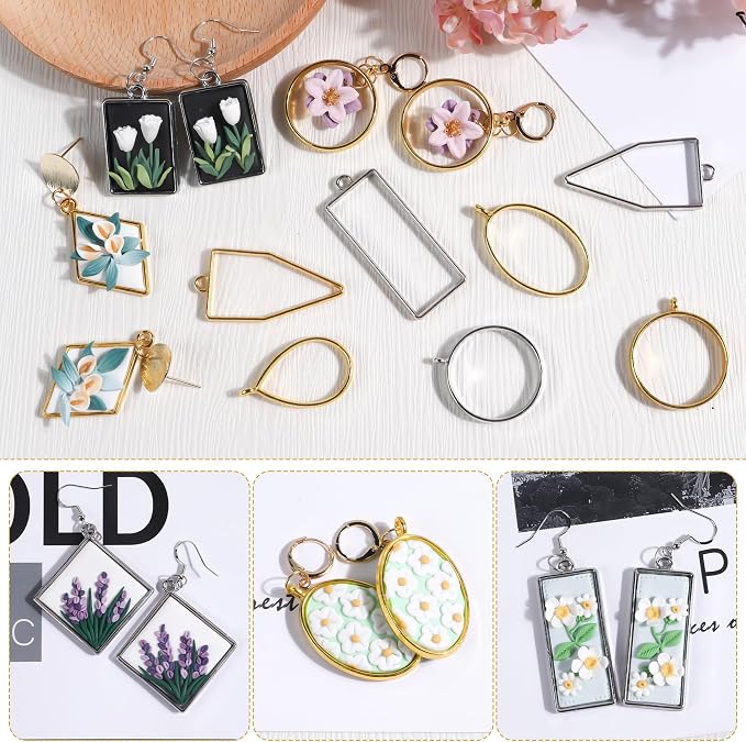 Puocaon Bezels for Clay Jewelry Making - Frame Pendants for Polymer Clay Jewelry Making, Gold Silver Bezels for Earrings, Polymer Clay Supplies, Frame Pendant Earrings Making (60 Pcs)